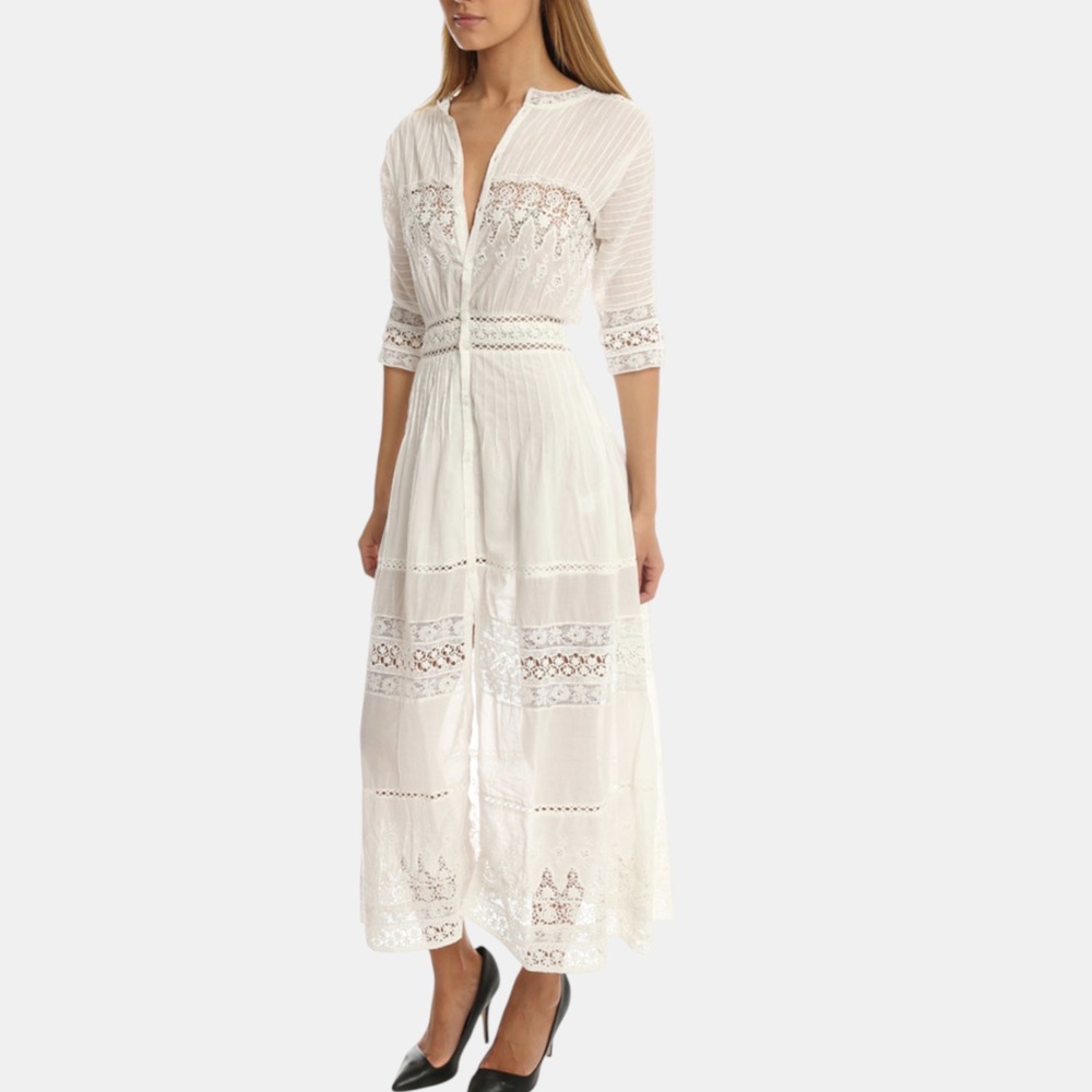 LoveShackFancy Beth Dress Small Ivory Cotton Lace Eyelet Maxi Boho Romantic